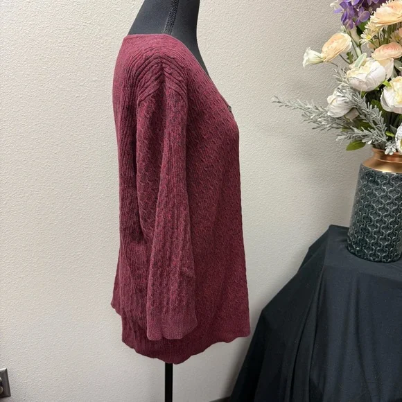 Rebecca Malone Woman Burgundy Ribbed Knit Henley Sweater 3/4 Sleeve Cozy - Picture 4 of 7